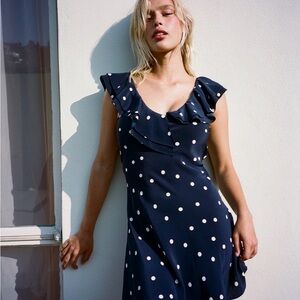 Realisation Par THE SAILOR Size L Navy Polka Dot Ruffle Midi Dress